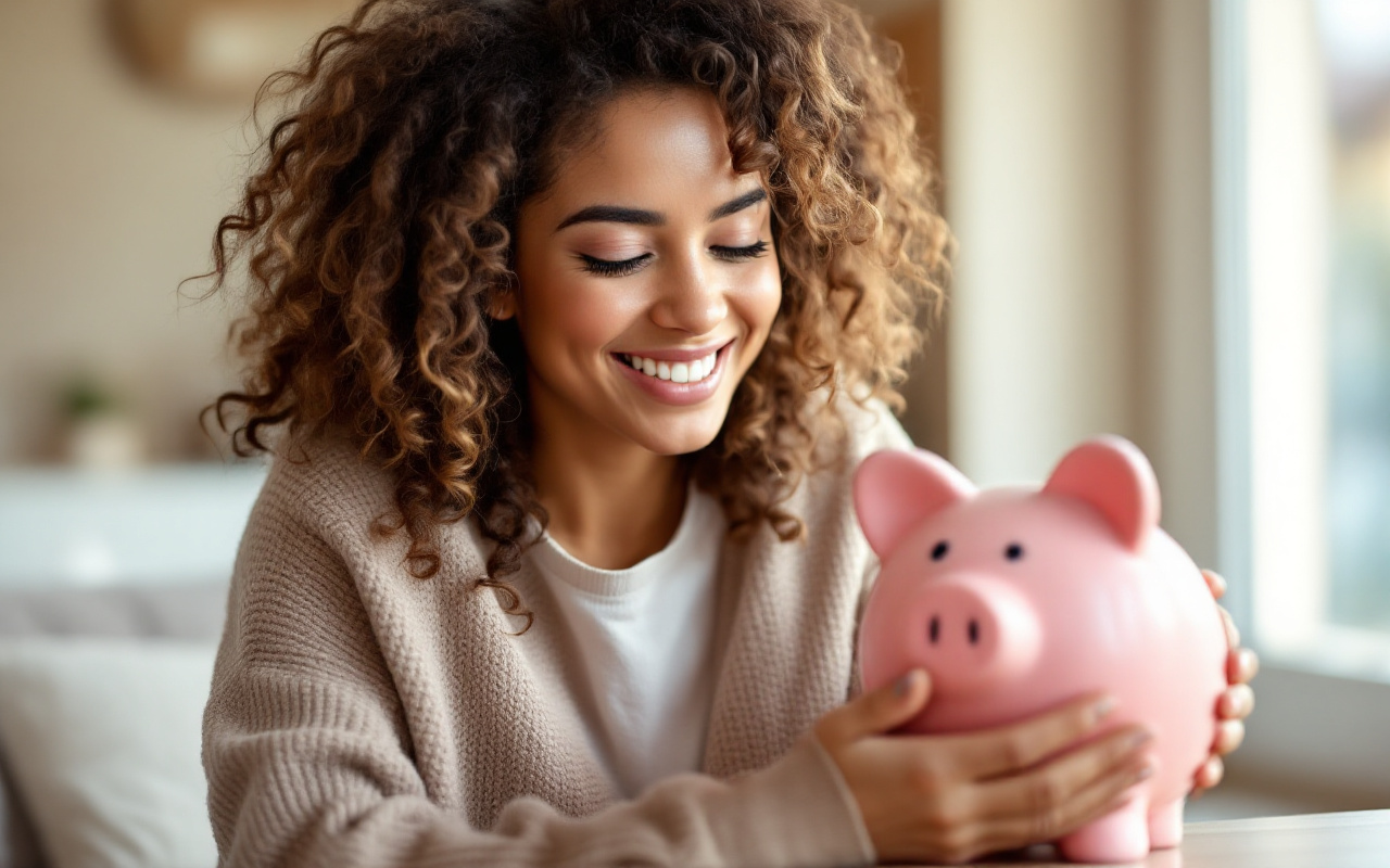 Une femme économise de l'argent dans une tirelire en forme de cochon, dans une ambiance chaleureuse et lumineuse de son domicile.