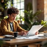 un-jeune-professionnel-assis-a-un-bureau-moderne-en-train-danalyser-des-documents-et-dutiliser-un-ordinateur-portable-entoure-de-verdure-dans-un-environnement-lumineux-et-naturel