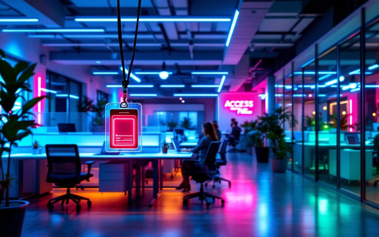 Vue d'un bureau ouvert moderne avec &eacute;clairage au n&eacute;on, cloisons vitr&eacute;es et plantes, un badge d'acc&egrave;s pos&eacute; pr&egrave;s d'un ordinateur, bandes lumineuses bleues et vertes cr&eacute;ant une ambiance douce en soir&eacute;e.