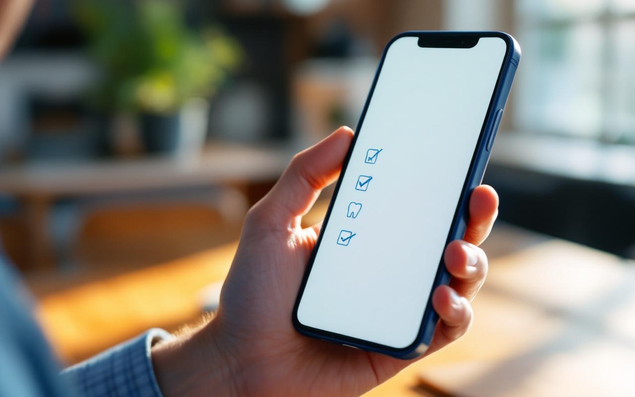 Photo d'un smartphone tenu en main affichant une checklist de couverture dentaire et optique avec icônes de dent et de lunettes, écran clair bleu et blanc, fond de bureau flou, éclairage naturel lumineux avec léger effet volumétrique.
