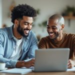 Couple souriant assis à une table, consultant des devis d'assurance santé sur un ordinateur portable et des documents imprimés, lumière naturelle chaude, ambiance détendue et confiante.