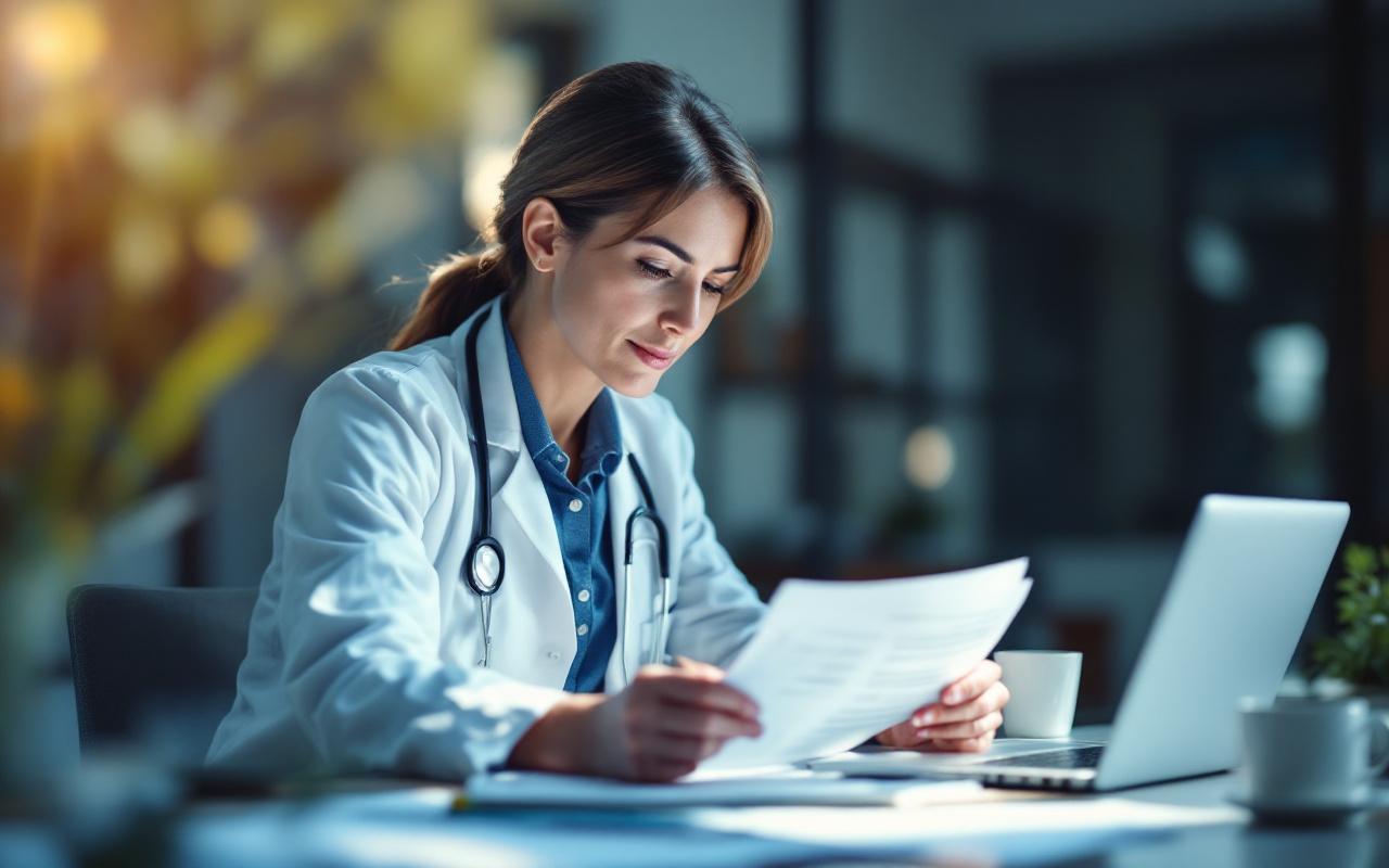 Médecin en blouse blanche examinant des formulaires d'assurance santé posés sur un bureau, expression concentrée, ordinateur portable et tasse de café à côté, lumière naturelle douce traversant la fenêtre.