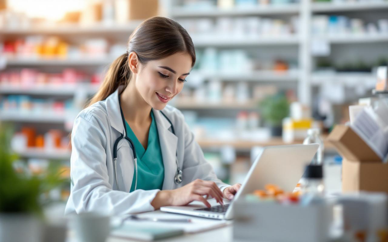Une pharmacienne concentrée calculant les dépenses médicales sur un ordinateur portable, assise au comptoir de la pharmacie entourée de boîtes de médicaments, reçus et un calculateur, éclairage doux et lumineux, ambiance professionnelle naturelle.