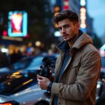 Un jeune homme influenceur automobile devant plusieurs voitures de luxe, sur une rue moderne à la tombée du jour, ambiance type reportage financier avec reflets urbains et éclairage cinématographique.