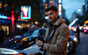 Un jeune homme influenceur automobile devant plusieurs voitures de luxe, sur une rue moderne à la tombée du jour, ambiance type reportage financier avec reflets urbains et éclairage cinématographique.