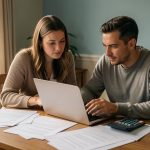Un homme et une femme comparent des offres de crédit sur un ordinateur, avec des documents financiers vierges et une calculatrice posés sur une table éclairée par la lumière naturelle.