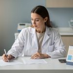 Médecin libérale assise à son bureau dans un cabinet médical, consultant des documents financiers vierges et un calendrier de travail sans inscriptions.
