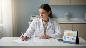 Médecin libérale assise à son bureau dans un cabinet médical, consultant des documents financiers vierges et un calendrier de travail sans inscriptions.