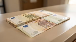 Billets en euros disposés sur un comptoir bancaire, éclairés latéralement pour faire ressortir les reliefs et les éléments de sécurité.