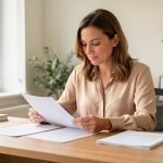 Une praticienne indépendante consulte des documents vierges dans un cabinet lumineux et moderne.