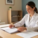 Une professionnelle de santé organise des dossiers d’assurance vierges dans son cabinet baigné de lumière naturelle, avec une ambiance calme et rassurante.
