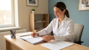 Une professionnelle de santé organise des dossiers d’assurance vierges dans son cabinet baigné de lumière naturelle, avec une ambiance calme et rassurante.