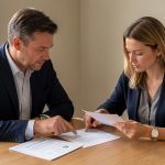 Un homme et une femme consultent ensemble des documents vierges liés à un projet de crédit immobilier sur une table en bois, dans une ambiance bancaire sobre et réaliste.