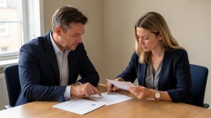 Un homme et une femme consultent ensemble des documents vierges liés à un projet de crédit immobilier sur une table en bois, dans une ambiance bancaire sobre et réaliste.