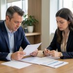 Un homme et une femme examinent ensemble des documents financiers vierges et un tableau d’amortissement sans texte sur une table, dans un bureau bancaire sobre et réaliste.