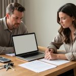 Un homme et une femme examinent ensemble un projet de financement immobilier autour d’une table avec un ordinateur, des documents vierges, une calculatrice et des clés d’appartement.