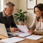 Un homme et une femme consultent ensemble un ordinateur et des documents administratifs liés à leur retraite, à une table éclairée par la lumière naturelle.