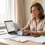 Femme consultant une simulation de retraite sur un ordinateur, entourée de documents administratifs vierges sur un bureau lumineux.