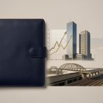Illustration éditoriale sobre représentant un fonds souverain par un portefeuille public entouré de graphiques financiers abstraits, d’immeubles modernes et d’infrastructures.