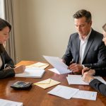 Deux héritiers et une notaire réunis autour d’une table, examinant des dossiers vierges, une calculatrice et des documents bancaires non lisibles.