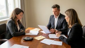 Deux héritiers et une notaire réunis autour d’une table, examinant des dossiers vierges, une calculatrice et des documents bancaires non lisibles.