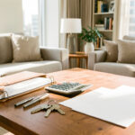 Appartement meublé lumineux avec un dossier financier, une calculatrice et des clés disposés sur une table en bois.
