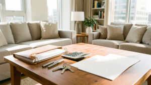 Appartement meublé lumineux avec un dossier financier, une calculatrice et des clés disposés sur une table en bois.
