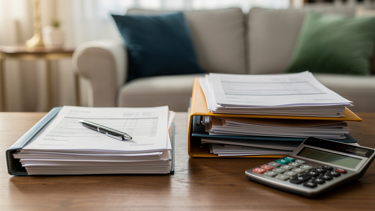 Composition claire représentant un comparatif fiscal pour une location meublée, avec documents comptables vierges, calculatrice et mobilier élégant.