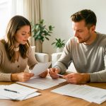 Un couple consulte ensemble des documents vierges liés à un projet de crédit immobilier autour d’une table dans un appartement lumineux.