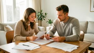 Un couple consulte ensemble des documents vierges liés à un projet de crédit immobilier autour d’une table dans un appartement lumineux.