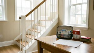 Intérieur lumineux avec un escalier équipé d’une rampe sécurisée, une trousse de premiers secours et des papiers vierges posés sur une table en bois.