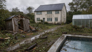 Maison individuelle après une tempête, avec un abri de jardin endommagé, une serre et une piscine visibles dans le jardin.