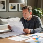 Un propriétaire examine des documents financiers aux graphiques abstraits sur une table, dans un appartement meublé lumineux et contemporain.