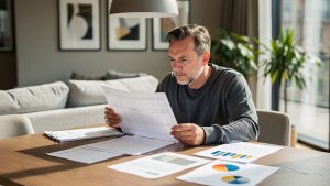 Un propriétaire examine des documents financiers aux graphiques abstraits sur une table, dans un appartement meublé lumineux et contemporain.